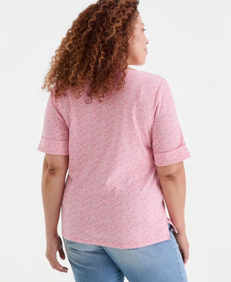 Style & Co Plus Size Boat-Neck Elbow Sleeve Cotton Top, Macy's Exclusive