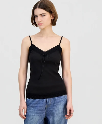 No Comment Juniors' Ribbed Lace-Trim Camisole