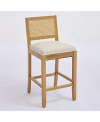 Streamdale Solid Wood Rattan-Inspired Bar Stool with Linen Cushion