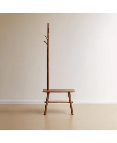 Streamdale Natural Solid Wood Shoe Stool with Cloth Hanger & Storage Bench