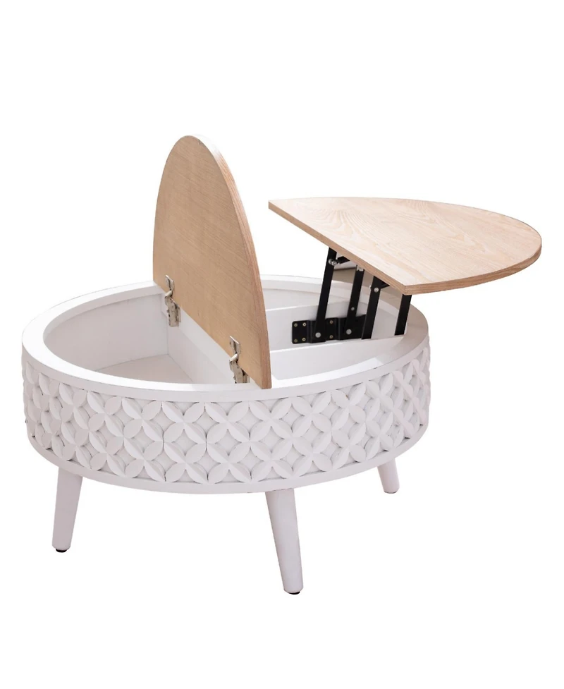 Streamdale Round Coffee Table with Storage Lift-Top Accent Table, White Carved Base