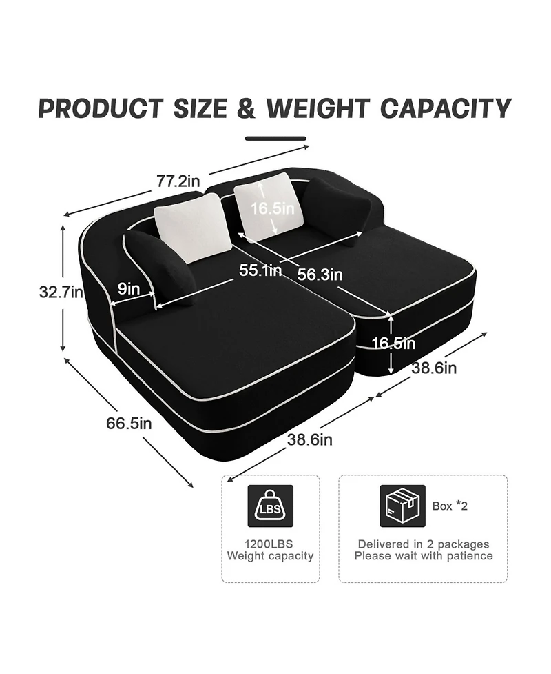 Streamdale Furniture Streamdale Black Teddy Fabric Boneless Sofa with Double Chaises