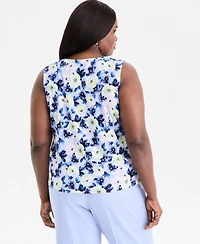 Kasper Plus Pleat-Neck Sleeveless Floral Top