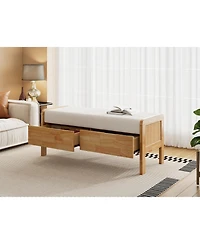Streamdale Furniture Upholstered Storage Ottoman Bench, Wooden Legs, Oak+Beige