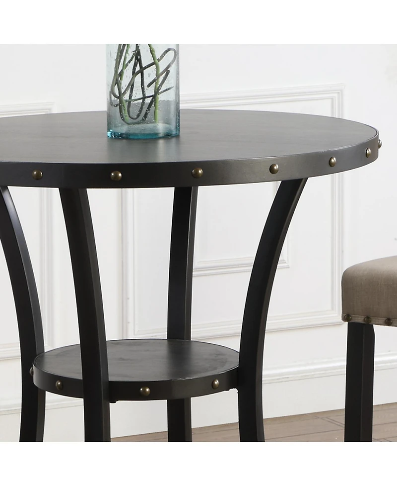 Streamdale Furniture 3-Piece 36" Round Espresso Bar Table w/ 2 Gray Nail Head Pub Chairs