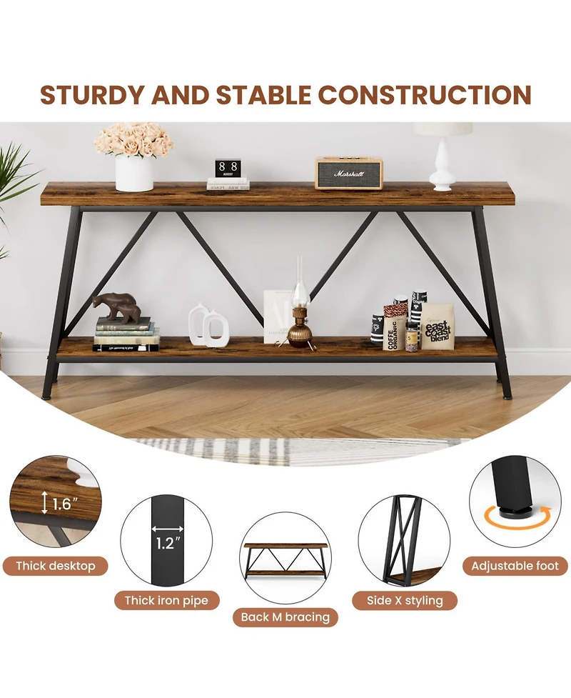 Streamdale 70.9" Extra Long Sofa Table with 2-Tier Storage Shelves, Rustic Brown/Black