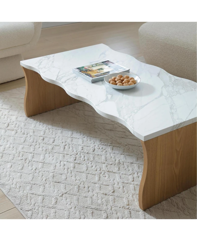 Streamdale Furniture Streamdale Whisper of Waves Modern Coffee Table, White Faux Marble & Solid Wood Base