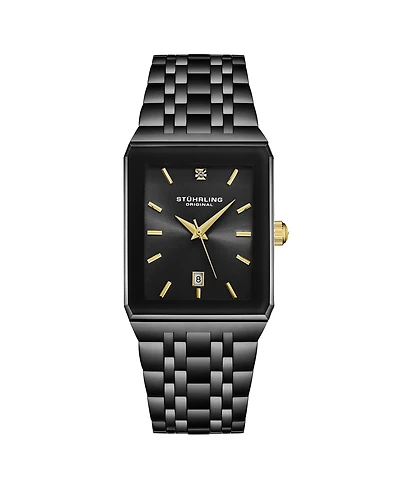 Stuhrling Empire Edge Black Ip Rectangular 4084 Watch – Gold Accents Quartz Date Krysterna Crystal