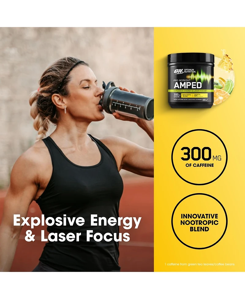 Optimum Nutrition, Pre-Workout Amped Powder, Tropical Fury, High Stim, Sugar-Free, Caffeine, 20 Servings