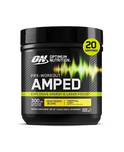 Optimum Nutrition, Pre-Workout Amped Powder, Tropical Fury, High Stim, Sugar-Free, Caffeine, 20 Servings