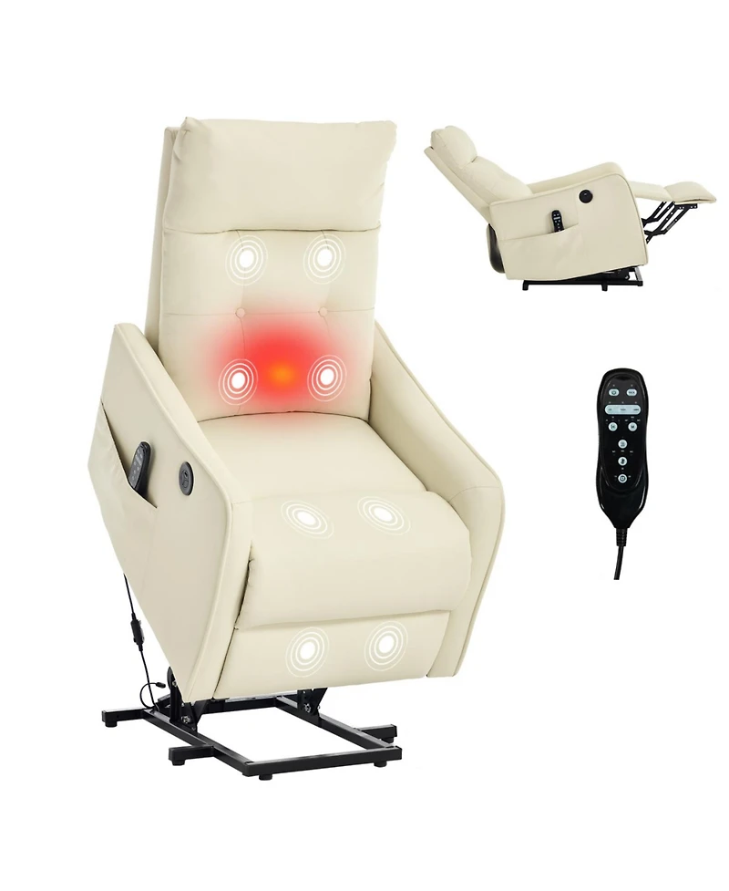 Streamdale Furniture Beige Pu Power Lift Recliner Chair with Massage, Heat, Usb for Elderly