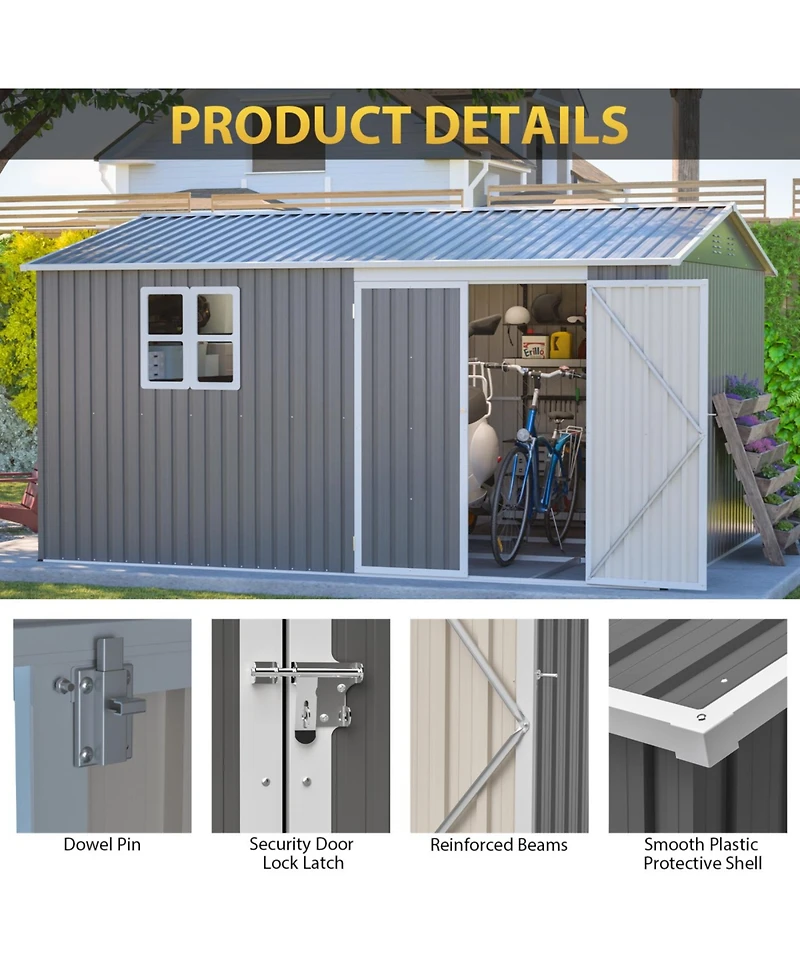 Streamdale Furniture 12x10 Ft Outdoor Storage Shed Metal, Large Garden Tool Sheds with Lockable Doors, Grey