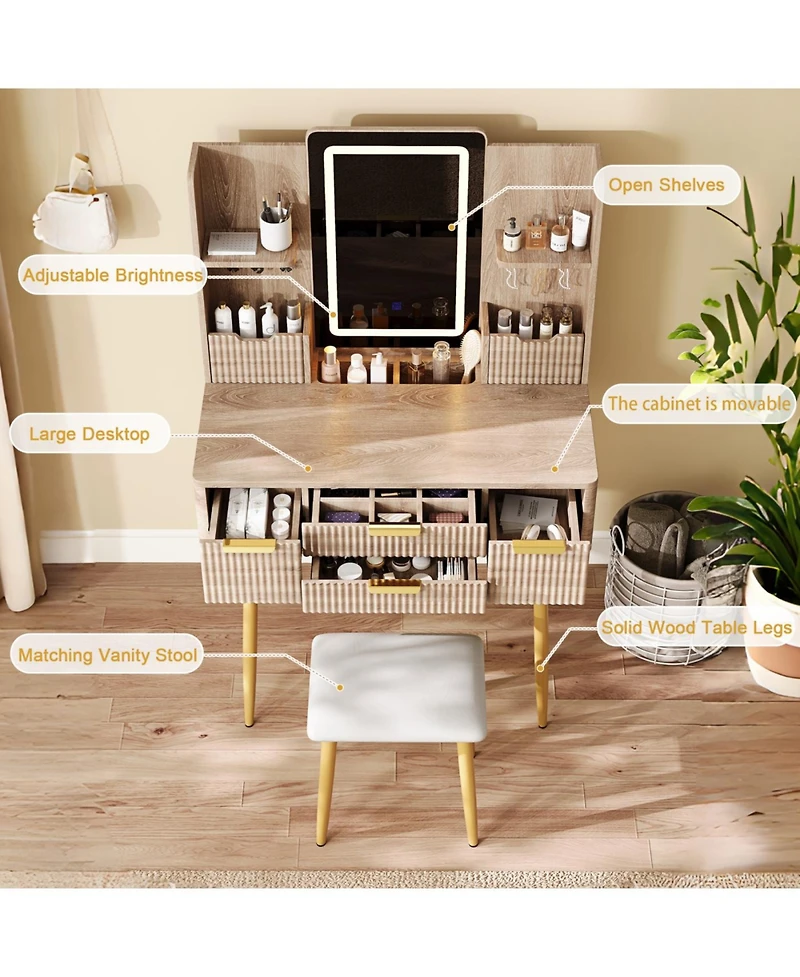 Streamdale Furniture Streamdale 4-Drawer Vanity Desk with Led Mirror & Carved Details, Makeup Table with Stool