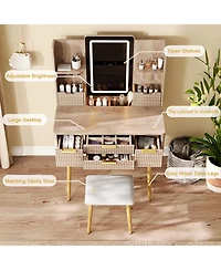 Streamdale Furniture Streamdale 4-Drawer Vanity Desk with Led Mirror & Carved Details, Makeup Table with Stool