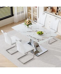 Streamdale Furniture Luxury Modern 63" Dining Table Set w/ 4 Upholstered Chairs, White Glass Top, Steel Base