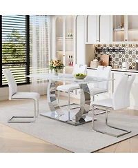 Streamdale Furniture Luxury Modern 63" Dining Table Set w/ 4 Upholstered Chairs, White Glass Top, Steel Base