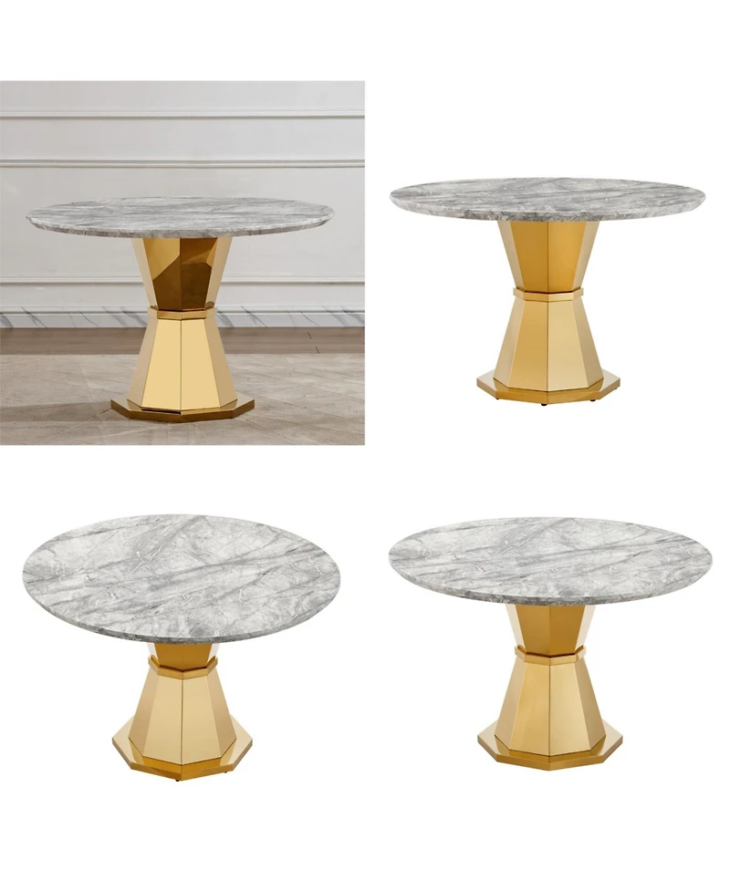Streamdale Furniture 47" Round Marble Dining Table with Stainless Steel Base (Gold/Gray)