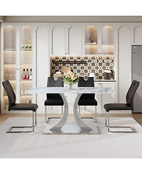 Streamdale Furniture Switchable Mode Stainless Steel Legs Dining Set: White Glass Top & 4 Armchairs
