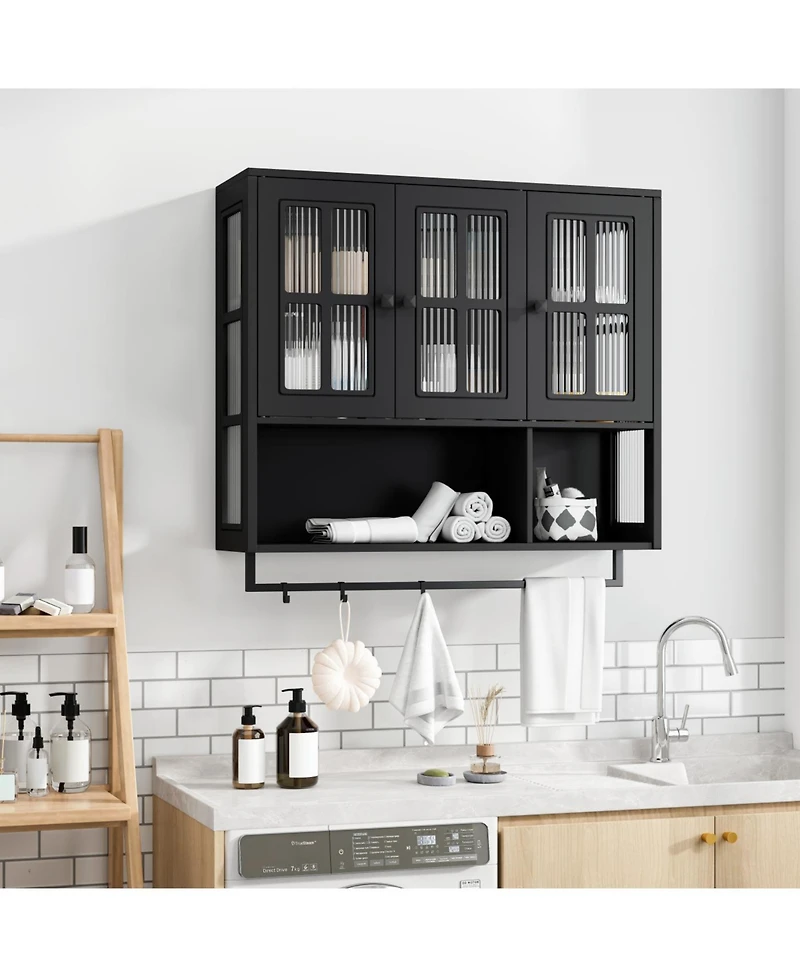 Streamdale Furniture Bathroom Wall Cabinet, 3-Door Wooden Cabinet with Open/Hidden Storage, Black