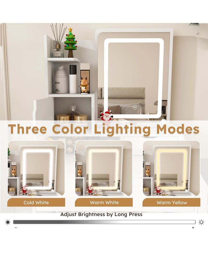 Streamdale Furniture Streamdale 3-Color Led Vanity Mirror with Stool & Pink Dressing Table, 2 Drawers, 5 Cabinets