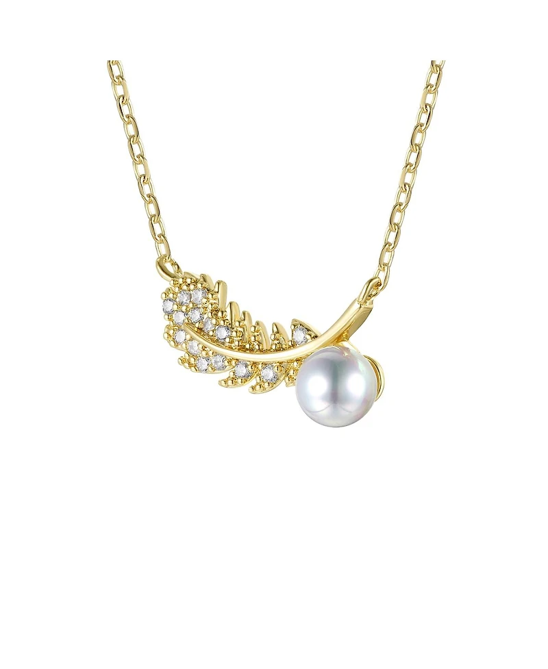 Genevive 14k Gold Plated Sterling Silver with Cubic Zirconia & Faux Pearl Fern Leaf Pendant Necklace