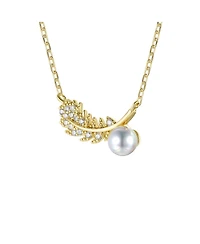 Genevive 14k Gold Plated Sterling Silver with Cubic Zirconia & Faux Pearl Fern Leaf Pendant Necklace