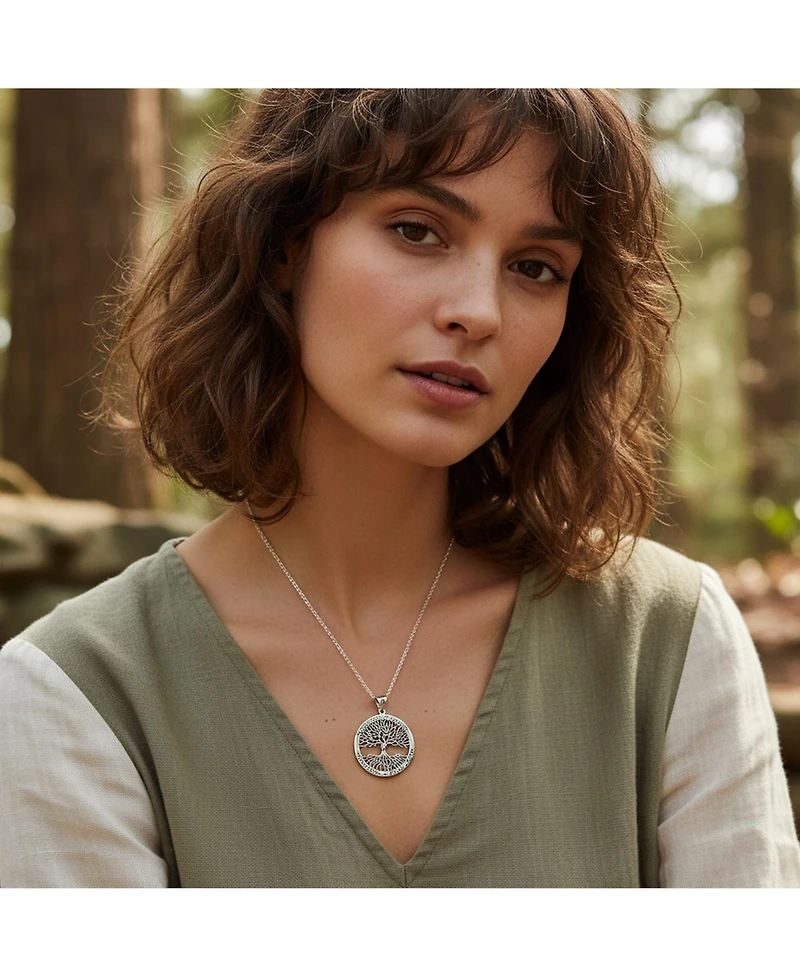 Bling Jewelry Round Circle Medallion Rune Symbols Wiccan Tree Of Life Pendant Necklace Oxidized Sterling Silver