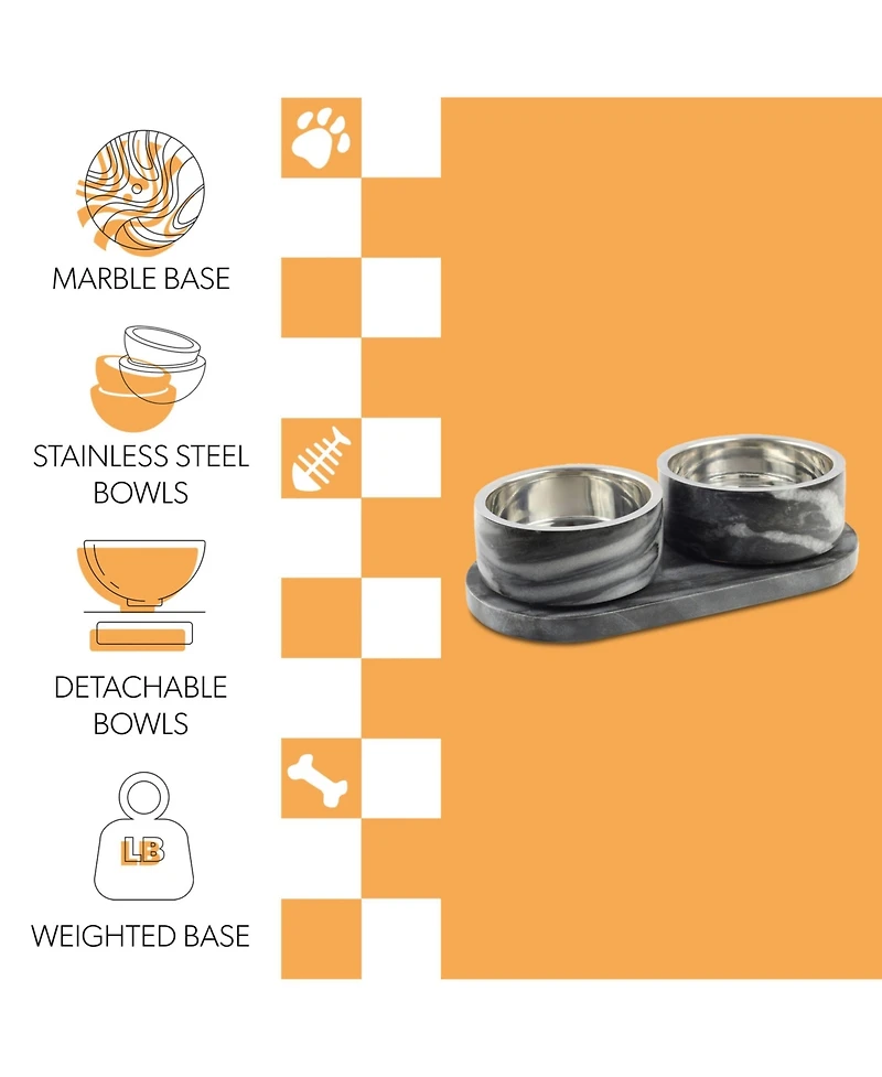 The Licker Store Marbre Small/Medium Modern Weighted Double Marble and Stainless Steel Bowl 12oz (1.5 Cups) Feeder with Non-Slip Tray Set