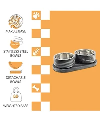 The Licker Store Marbre Small/Medium Modern Weighted Double Marble and Stainless Steel Bowl 12oz (1.5 Cups) Feeder with Non-Slip Tray Set