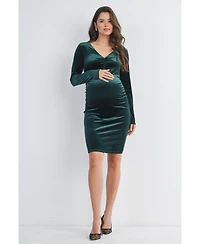 Hello Miz Maternity Long Sleeve V Neck Ruched Velvet Dress