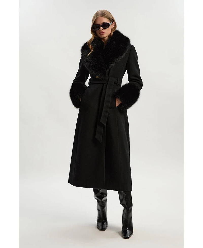 Karen Millen Women's Wool Detachable Fur Belted Midi Coat
