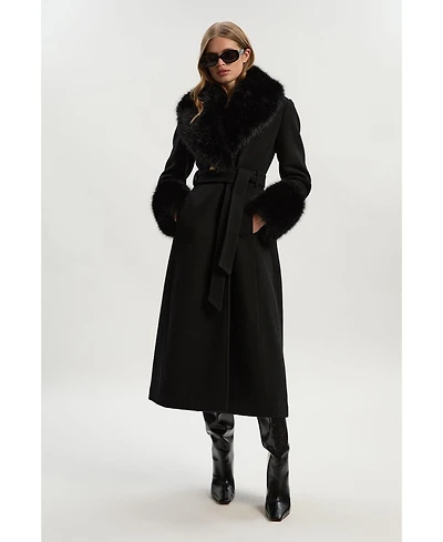 Karen Millen Women's Wool Detachable Fur Belted Midi Coat