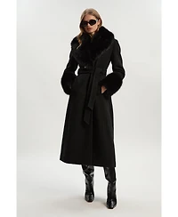 Karen Millen Women's Wool Detachable Fur Belted Midi Coat
