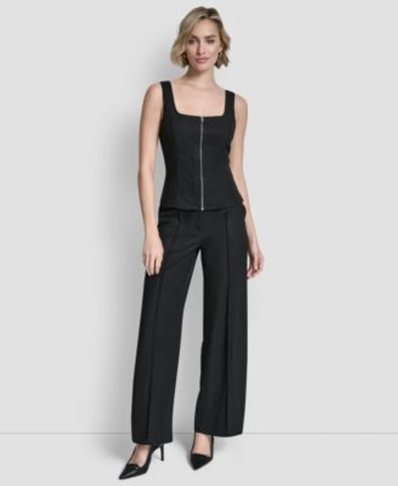 Dkny Womens Belted Front Seam Twill Pants Sleeveless Zipper Corset Top