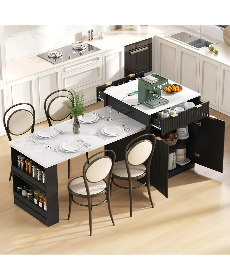 Streamdale Furniture Fluted Kitchen Island with Extendable Dining Table, Power Outlet & Storage