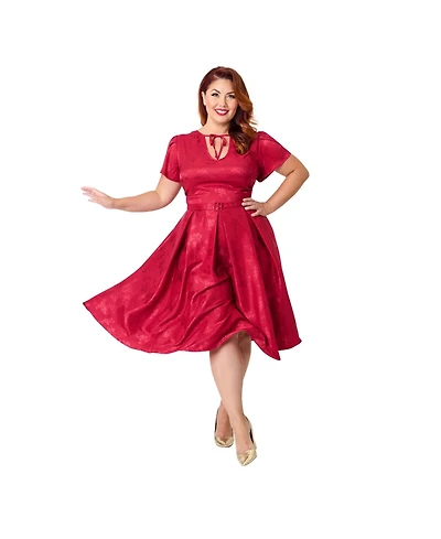 Unique Vintage Plus Short Petal Sleeve Tie Neck Dahlia Swing Dress