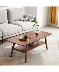 Casainc Solid Oak Wood Coffee Table with Storage Shelf, Walnut Finish