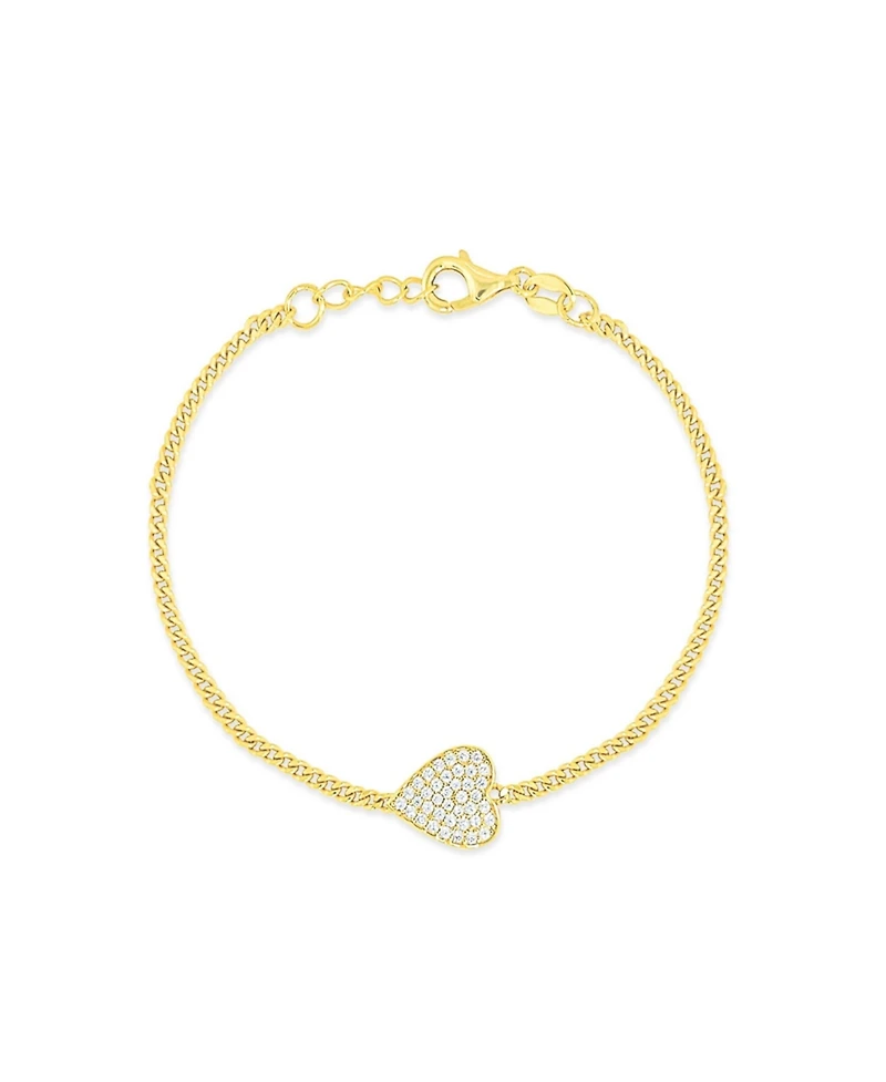 Etoielle Horizontal Heart Pave Cz Yellow Silver Curb Chain Bracelet 7 inches