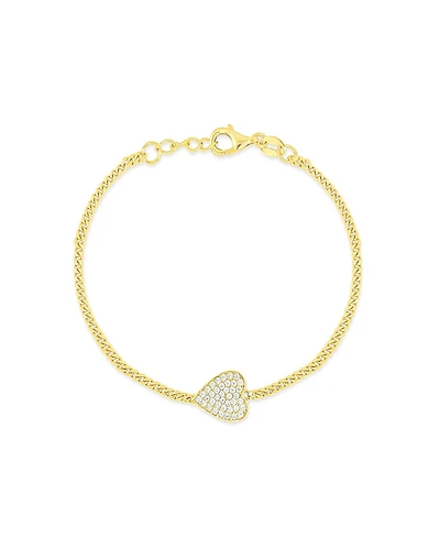 Etoielle Horizontal Heart Pave Cz Yellow Silver Curb Chain Bracelet 7 inches