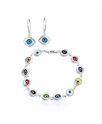 Bling Jewelry Turkish Multicolor Evil Eye Charm Bracelet & Blue Nazar Dangle Earrings Jewelry Set Sterling Silver