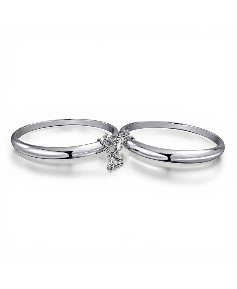 Bling Jewelry Set of 2 Small Simple Stackable Dome Cuff Bangle Bracelet with Safety Chain Sterling Silver 5 Inch