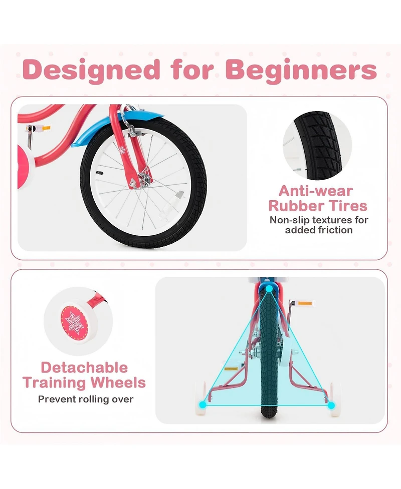 Hongge 16-Inch Girls Bike with Doll Seat, Basket, and Training Wheels for Ages 4–7 - Pink