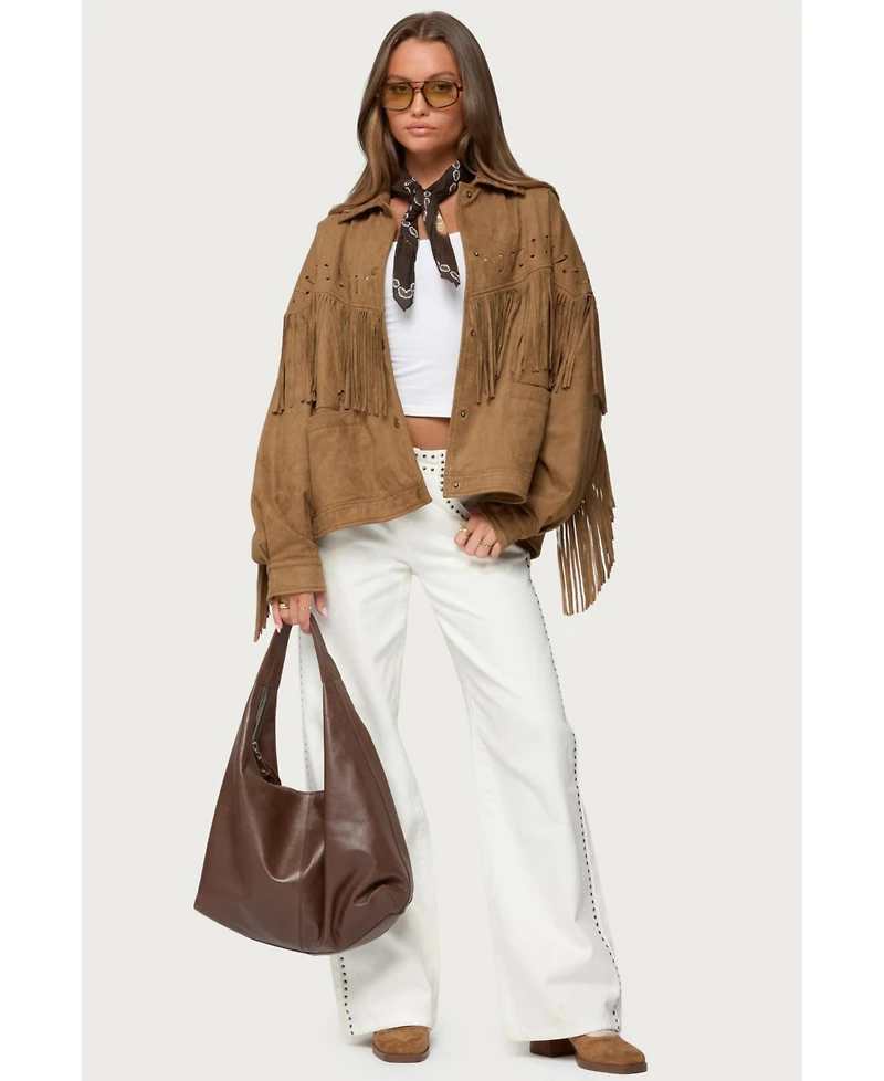 Edikted Women's Evonka Fringe Faux Suede Jacket