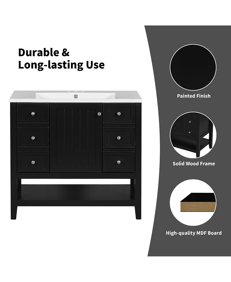 Airsurfer 36 Inch Bathroom Vanity without Sink Black Cabinet Base Only One Cabinet and Three Drawers Freestanding Storage Organizer