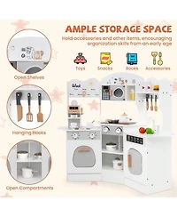 Hongge Corner Wooden Play Kitchen with Coffee Maker, Sink, and Slide for Kids - White