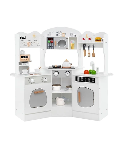 Hongge Corner Wooden Play Kitchen with Coffee Maker, Sink, and Slide for Kids - White