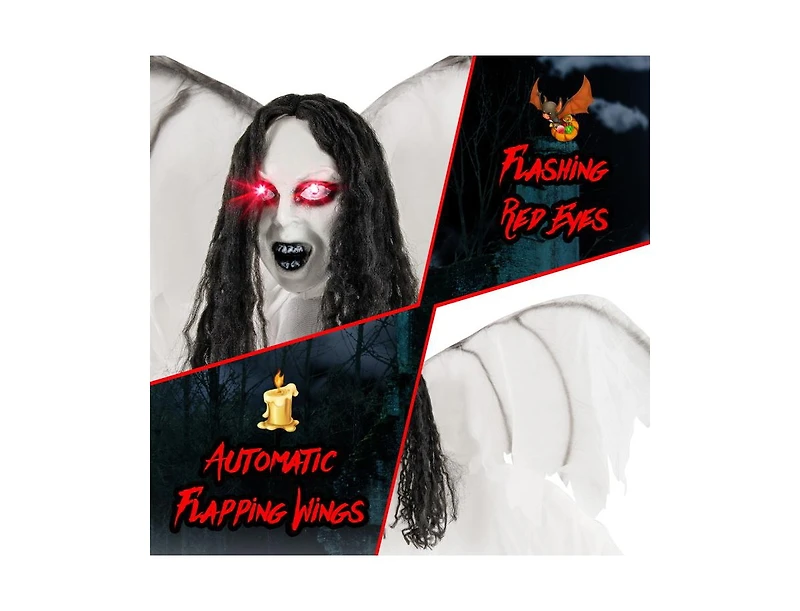 Mondawe 6.6 ft Halloween Animatronic Standing Angel with Sound-Activated Light-up Eyes and Flapping Wings