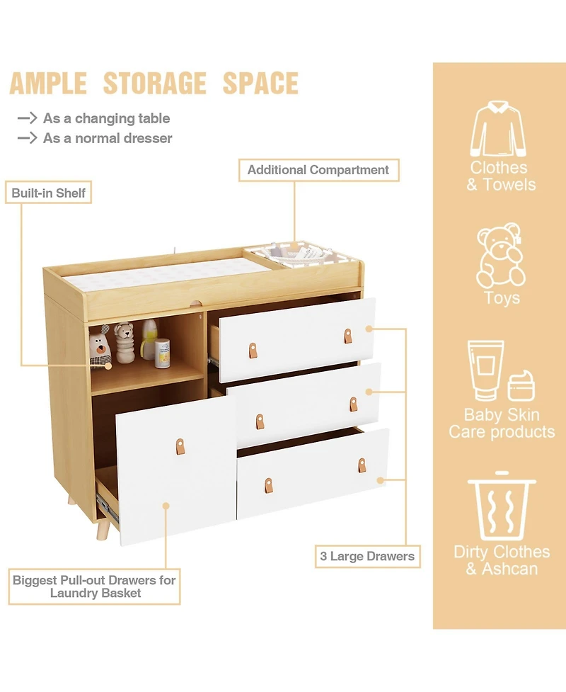 Diaper table with three drawers, baby changing station with multiple storage compartments, natural wood