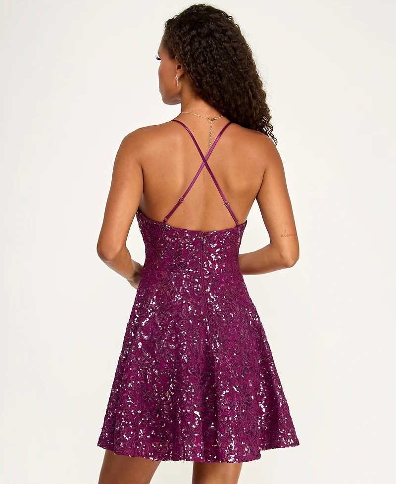 Emerald Sundae Juniors' Sequined Lace Fit & Flare Dress