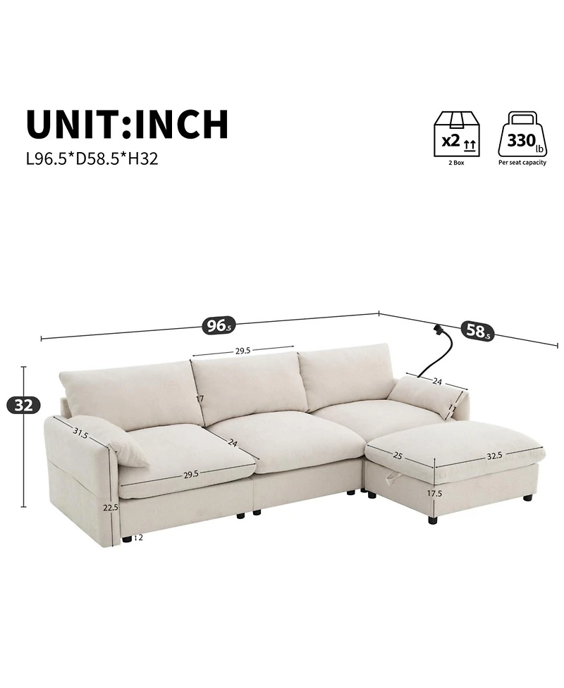 Streamdale Furniture 96.5" L-Shaped Chenille Sectional Sofa w/ Storage Ottoman & Usb Charger